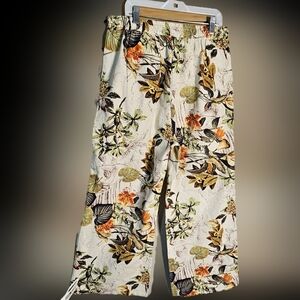 Floral Print Women's 100 % Cotton Pants, Elastic Waist Size L